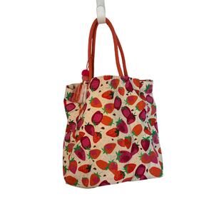 Strawberry Print Canvas Tote Bag Orange Handles Cute Summer Farmer’s Market Tote